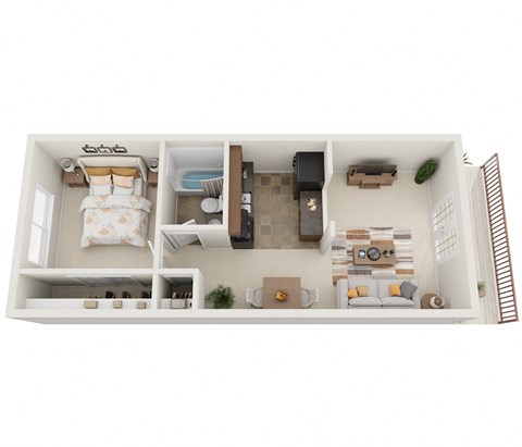a stylized floor plan of a 1 bedroom apartment